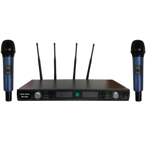 Bộ micro không dây MK-3500 True Voice gồm 1 bộ thu + 2 bộ phát cầm tay + 2 màn hình LCD blue black light hiển thị các thông số và tính năng 